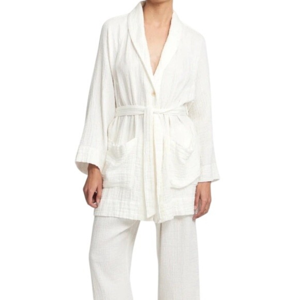 Raquel Allegra Womens Robe White Gauze Kimono Belted Pockets Quiet Luxury